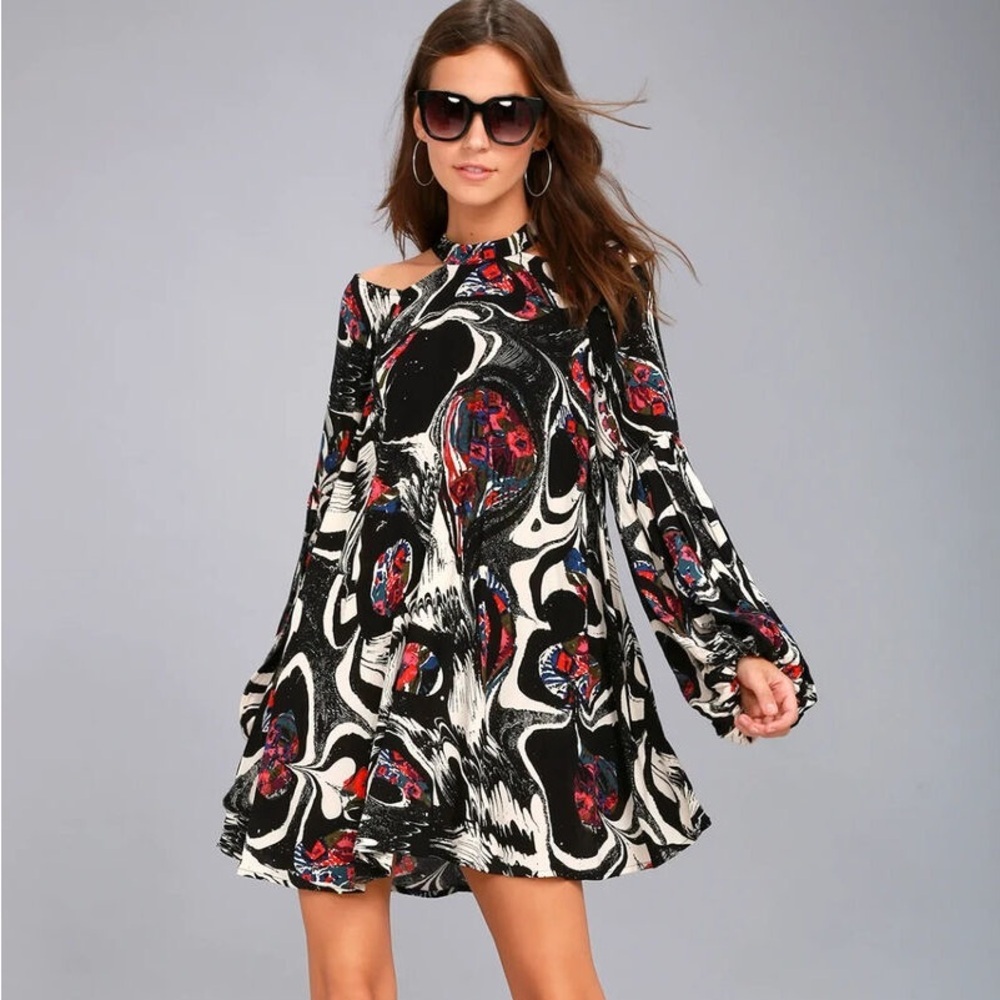 Free People Drift Away Boho High Collar Cold Shoulder Modern Swing Tunic Dress